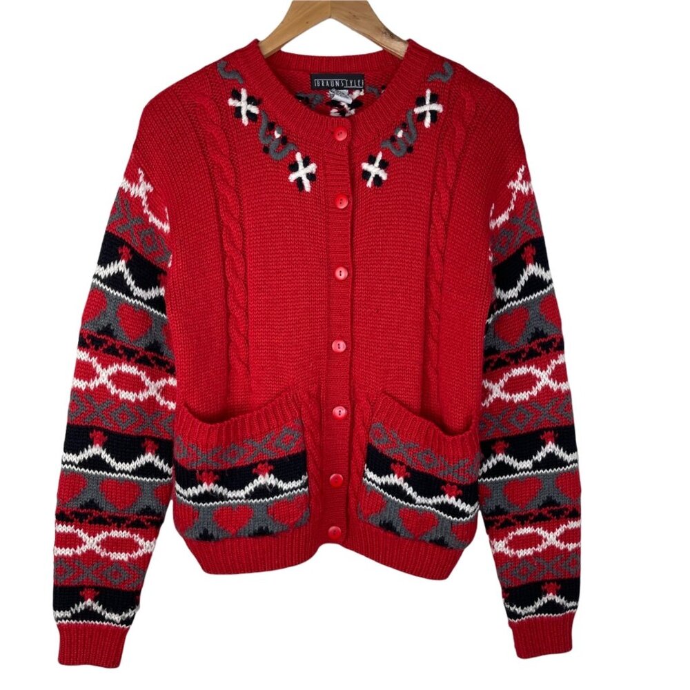 Braun Style Cable Knit Geometric Fair Isle Holiday Cardigan Sweater Women's S